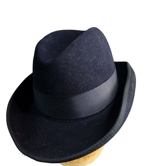 Reed Hill Fur Blend Hat Size 7 Custom Made Navy Blue With Band and Feather - Picture 8 of 13